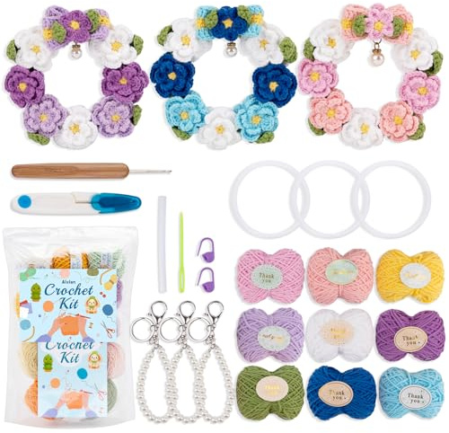 Alvian Floral Wreath Crochet Kit - 3 Pack DIY Wall Hanging Decor, Includes Keyrings for Bag Charm or Ornament, Complete Beginner Knitting Set with Yarn, Hook & Tools, Ideal Creative Gift for Adults