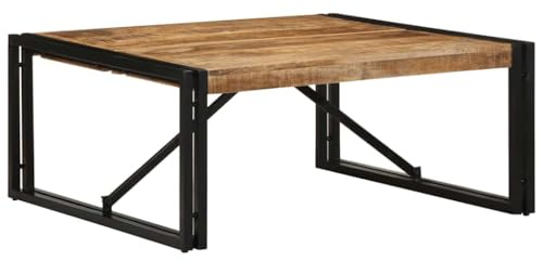 HaoChrymec Couchtisch aus Rauem Massivholz Mango mit pulverbeschichtetem Eisen, Quadratisch, Industrial Design, Stabil und Langlebig, Beistelltisch Couch, Wohnzimmer Tisch für Couch, 80 x 80 x 35 cm