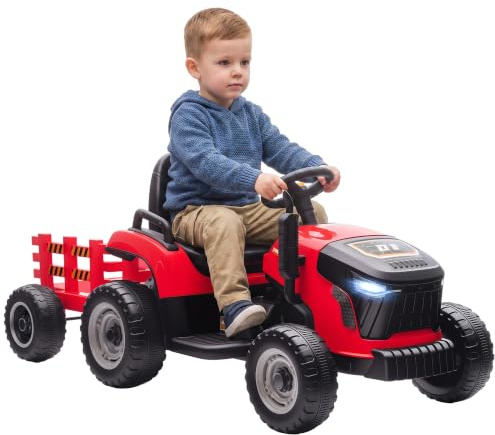 AIYAPLAY Tractor Eléctrico para Niños con Remolque Desmontable 12V Rojo | Tractor de Juguete de Batería, Velocidad 3-5 km/h, Control Remoto 2,4G, Música, Bocina, para Niños de 3-8 Años