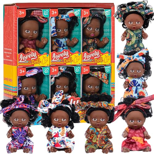 dollbie 6 Pack 4 Zoll afrikanische Mädchen Puppen Set - Schwarze Mini Puppen mit bunten Outfits & Haarbänder - Geschenk für Mädchen 3-6, 6-12 Bildungsspielzeug & Dekorative Figuren