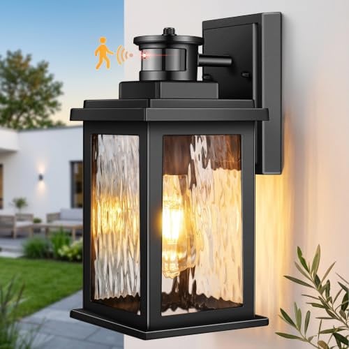 VIANIS Black Dusk Till Dawn Outdoor Lights, Porch Light with Motion Sensor | 4 Modes & Adjustable Sensing Range, PIR Outdoor Wall Light, 100% Anti-Rust Aluminum, E27 Outdoor Lantern Lights, Waterproof