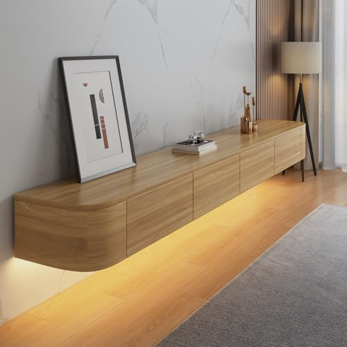 HYANXUE Floating TV Unit, Wall Mounted TV Cabinet, TV Media Console | Floating TV Cabinet Large Storage with Flip-Down Doors, Drawer & LED