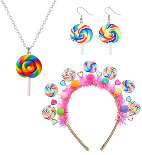 BrKern Lollipop Kostüm, Candy Girl Kostüm Damen, Bonbon Kostüms, Süßigkeiten Set Mit Haarreif, Ohrringen Und Halskette, Ideal Für Fasching, Karneval Und Halloween