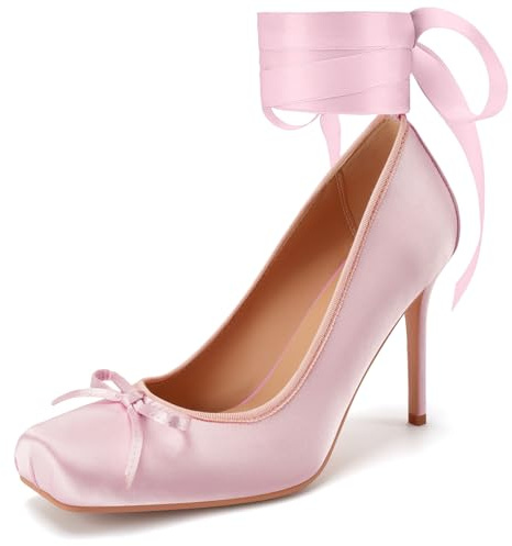 Oh Mispares Women's Satin Ballet Heels Ballerina Bow Lace Up Square Toe Strappy Stiletto High Ribbon Mary Janes Lolita Pumps Dress Shoes