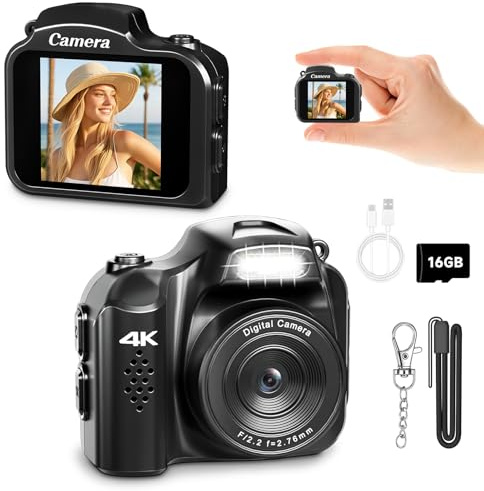 Mini Schlüsselanhänger Digitalkamera 1,54 Zoll 4K Mini Fotokamera, Retro Kamera Ultraportable Kamera, Taschenformat für Reisen, Vlogging und Unterhaltung mit Blitz, 16 GB Speicher, Schwarz