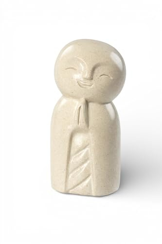 FaHome Jizo Figur – Garten Wohnzimmer Regal Deko – Wetterfest – Steinoptik Skulptur Zen Mönch hell – 21x9x10 cm