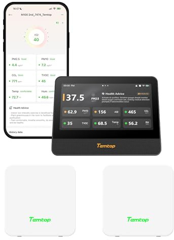 Temtop M100 WiFi Luftqualitätsmonitor mit 2,7 Touchscreen für CO2, PM2.5, PM10, TVOC, Temperatur & Luftfeuchtigkeit & P1/P2 Monitor mit Bluetooth-App & AQI – Kombi-Set für Home, Office & Auto