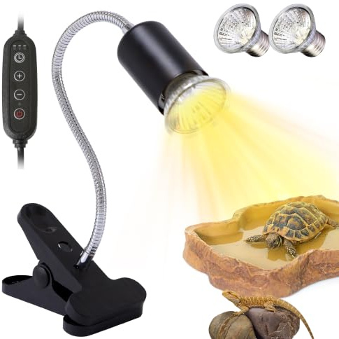 Yiukou Schildkröte Wärmelampe,mit 50W*2 UVA UVB Basking Spot Glühbirne, Mit Timer und Temperaturregelung, Wärmespotlampe für Aquarium Reptil，360°Schwenkklemme, Model D