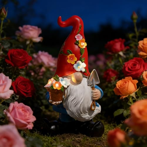 24,5CM Gartenzwerge Lustige mit Solar Blumentopf Gartendeko gartenzwerge mit LED Solarlampe Gartenfiguren für Draußen Wetterfest Frühlingsdeko für Terrasse Balkon Rasen Ornamente Haus Hof (A)