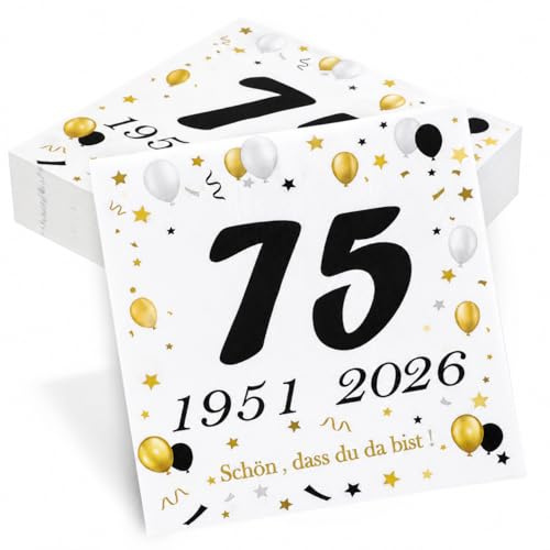 Seutgjie 50 Stück Servietten 75. Geburtstag Jubiläum Tischdeko 1951-2026 | Deko 75 Geburtstag Schwarz Gold Tisch-Deko Party Gedeckter Tisch