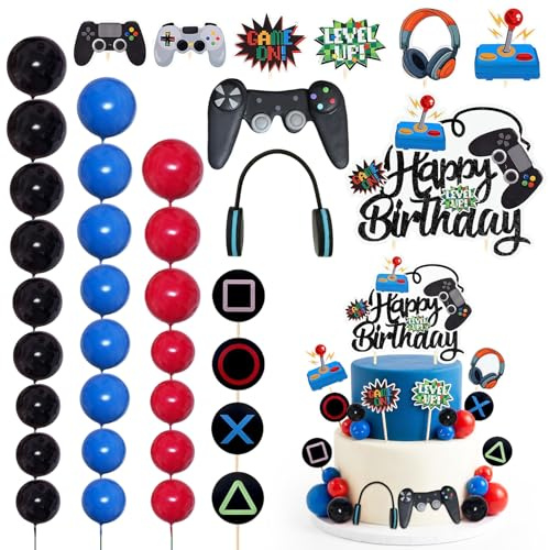 37pcs Video Game Themes Cake Toppers Set Red Blue Black Balls Cake Decorations Gaming-Themed Happy Birthday Cupcakes Topper for Birthday Decorations