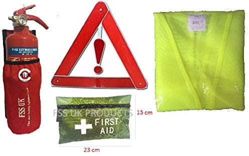 CAR/Vehicle Safety KIT 2. Premium FSS UK 1 KG Powder FIRE Extinguisher with Universal CAR Holder,1ST AID KIT, HI VIZ Vest and Reflective Triangle. British Standard KITEMARKED.