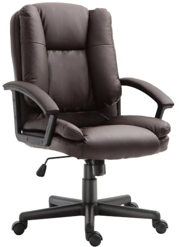 HOMCOM Desk Chair, PU Leather Office Chair, Adjustable Height, Brown | Swivel Wheels, for Home Work Study