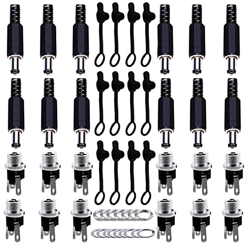 12 Pcs 5,5 mm x 2.1 mm, connecteurs jack de prise d'alimentation mâle CC de 5,5 mm x 2,5 mm - 12 connecteurs jack filetés de prise d'alimentation femelle CC - 12 douilles de protection en caoutchouc