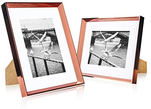 elabo 8x10 Picture Frame (2 Pack) - High Definition Glass Display Pictures 5x7 with Mat or 8x10 Without Mat - Vertical or Horizontal - Wall Mounting or Table Top (Rose Gold)