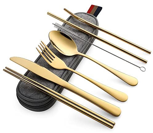 DEVICO Juego de Cubiertos Acero Inoxidable para Viaje y Camping (Oro)