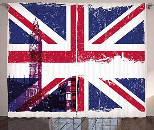 ABAKUHAUS Union Jack Rustikaler Gardine, Land Kultur Alt, Schlafzimmer Kräuselband Vorhang mit Schlaufen und Haken, 280 x 225 cm, Mehrfarbig