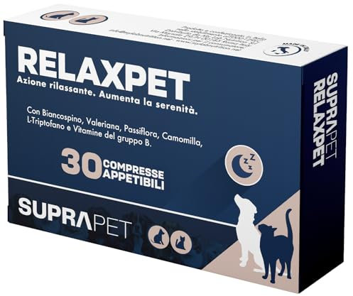 Suprapet Relax Calmante per Cani e Gatti 30 compresse - Rilassante Naturale Contro Stress e Paura con L-Triptofano, Vitamine B, Valeriana, Passiflora, Biancospino, Zenzero