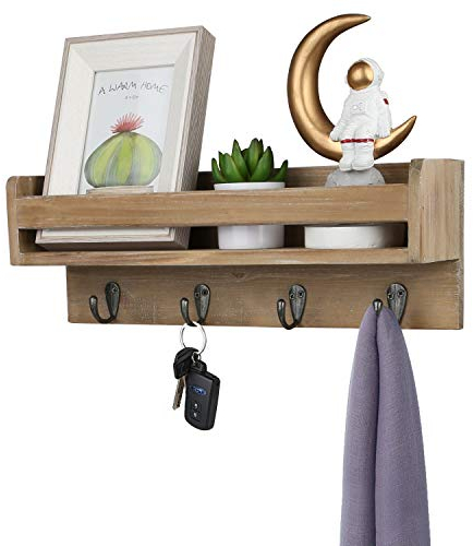 Halcent Perchero Pared Estantería Flotantes, Madera Estante Perchas de Pared Cuelga Llaves Perchero Puerta con 4 Gancho Pared