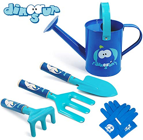 Colwelt Kids Gardening Set, 5PCS Cute Metal Gardening Tools for Kids, Include Metal Watering Can, Wooden Handle Trowel, Fork, Rake, Gloves, Children Kids Garden Tools(Blue)