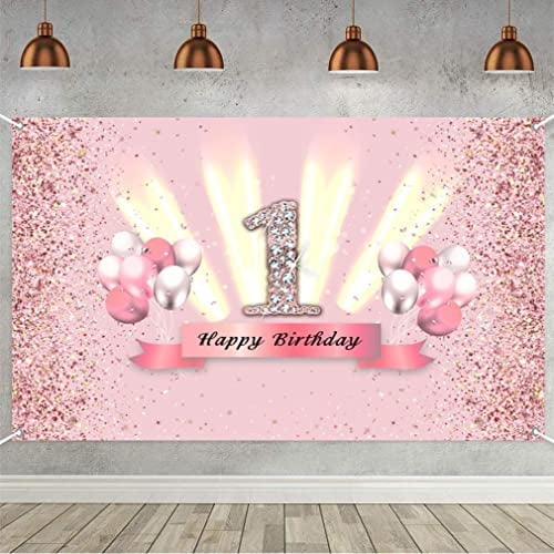 1. Geburtstag Banner 1 Geburtstag Deko Mädchen, Stoff Schild Poster 1. Jahrestag Party Geburtstagsbanner Tischschmuck Plakat, Glitzern Rosa Party Dekoration