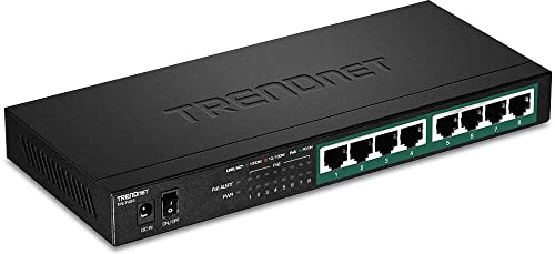 TRENDnet, TPE-TG83, 8-Port-Gigabit-PoE+-Switch, 65 W PoE-Leistungsbudget, 16 Gbit/s Schaltkapazität, IEEE 802.1p QoS, DSCP-Pass-Through-Unterstützung, lüfterlos, Wandmontage