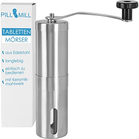 PillMill Tablettenmörser - Tablettenmühle - Zerkleinert Tabletten zu Pulver - Ideal für Haustiere und Kinder - Edelstahl & Keramik - Mahlgrad einstellbar