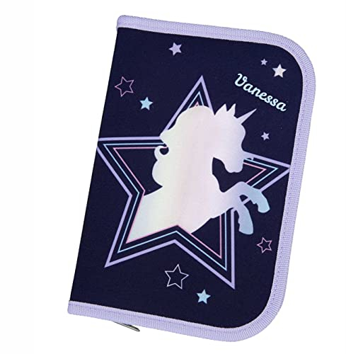 minimutz Federmäppchen für Mädchen mit Namen Bedruckt | Einhorn Unicorn in Lila | Gefülltes Schüler-Etui Personalisierte Federtasche