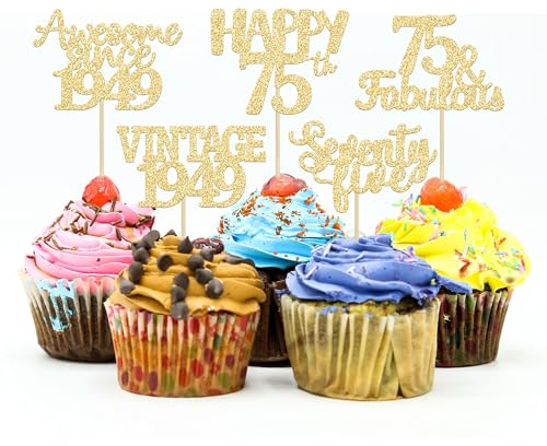 Gyufise Cupcake-Topper zum 75. Geburtstag, goldfarben, glitzernd, 30 Stück, Vintage 1949 Hello 75, Tortenaufsatz, Sixty Five 75 und fabelhafte Cupcake-Picks zum 75. Geburtstag