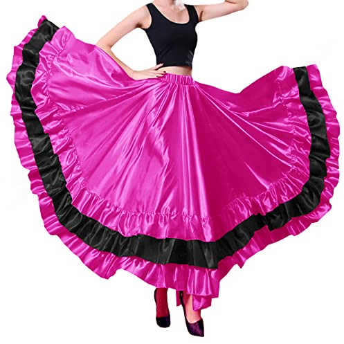 BACKGARDEN Langer Damenrock aus Satin, für spanischen Flamenco-Bauchtanz, Mexiko, Ballett, Folklorico, Performance, Schwarz/Rot, Rosarot, Einheitsgröße
