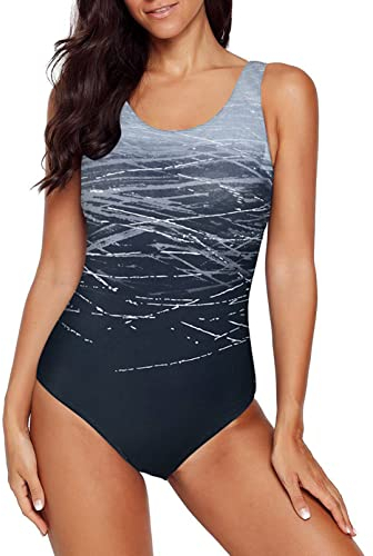 Aleumdr Damen Badeanzug Bauchweg Einteiliger Bademode Damen Sport Badeanzüge für Damen Push Up Badeanzug Sexy Monokini Damen Figurformende Schwimmanzug Rückenfrei Swimsuit Beachwear,Grau L