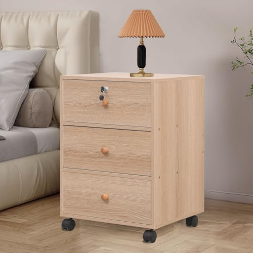 nozama Nightstand Bedside Cabinet with Rolling Wheels &Lock, Mobile File Cabinet, Printer Stand Storage Under Desk Wood Filing Cabinet with Drawer for Bedroom Living Room