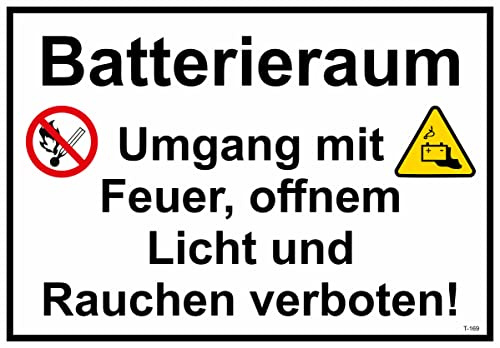 Daged Batterieraum Umgang mit Feuer offenem Licht und Rauchen verboten Aufkleber 23x16 cm Hinweiszeichen ISO 7010-P023 Sticker T-169