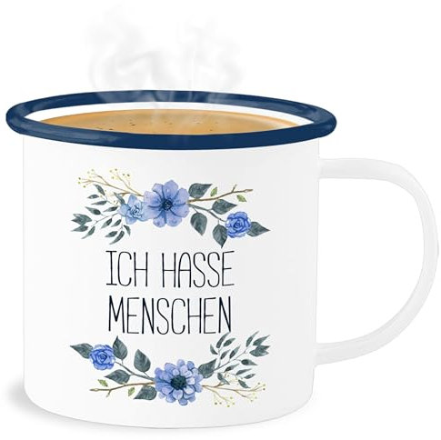 Emaille Becher Blechbecher - Statement Sprüche - Ich hasse Menschen - 300 ml - Weiß Blau - sarkasmus blumen tasse spruch people tassen spruechen grumpy blech sprüche, grummel sprueche vintage