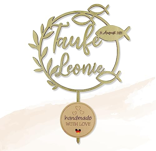 Birdart Box® Taufe Tortenstecker mit Namen – personalisierter Tortenstecker aus umweltfreundlichem Holz, stabiler Cake Topper 15cm Durchmesser (Gold)