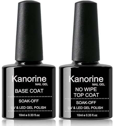 Kanorine Base Coat and Top Coat Gel Nail Polish Set 10ml x2, UV LED No Wipe Gloss Shine Long Lasting UV LED Soak Off Gel Polish Top Coat Base Coat, Nail Varnish Lacquer Manicure Salon Set