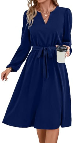 Yageshark Kleider für Damen Midikleid Langarm V-Ausschnitt Einfarbige Hemdkleid Elegant Casual Frauen Tunika Kleid (Marine,XL)