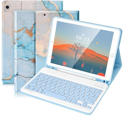 SOPPY Bluetooth Keyboard Case for iPad 6th/5th Gen (2017-2018), iPad Pro 9.7, iPad Air 1-2, Detachable Wireless Keyboard with Pencil Holder, Slim Protective Cover, USB-C Rechargeable, Blue Marble