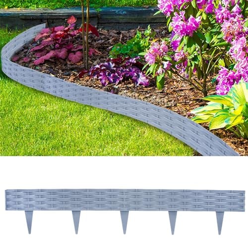 Aufun 5m Rattan Rasenkante Beeteinfassung Kunststoff mit 5 Elemente á 100 cm, Rattan-Optik Design Beetumrandung Biegbarer Mähkante Beetbegrenzung Flexible für Garten (Grau)
