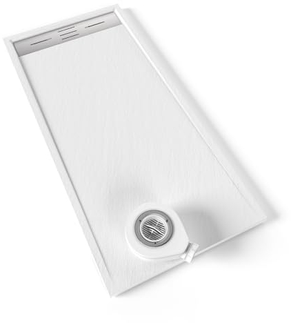 Moments of Glass Plato de ducha SMC Hiemal 150x70 cm, Blanco RAL 9016 – Antiderrapante, Textura Pizarra, Antibacteriano, Resistente a agentes químicos – Incluye válvula y rejilla Inox