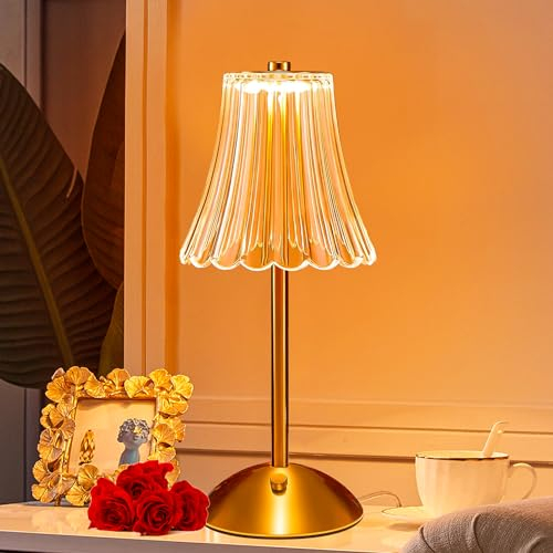 HIYAA Dimmable Crystal Bedside Table Lamp, 3 Colors Rechargeable Touch Light, Cordless Nightstand Lamp for Bedroom, Living Room, Dinner Bar, Gold