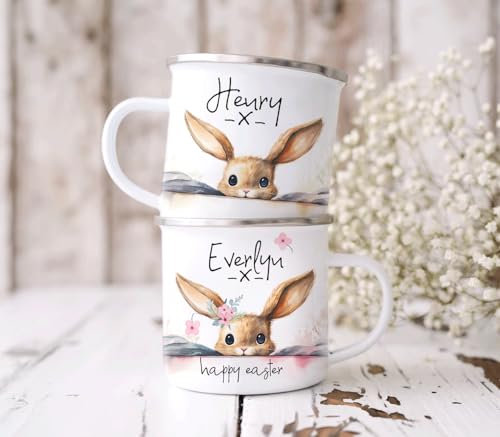 The Whistling Wren Unbreakable Personalised Easter Mug, Watercolour Rabbit Mug, Easter Bunny Gift, Kids Easter Gift, Unbreakable Mug, Easter Bunny Mug, Easter Metal Mug (Pink), 946072