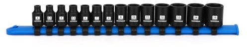 MIXPOWER 1/4-Zoll-Antrieb, flach, magnetisch, Schlag-Steckschlüssel-Set mit Aufbewahrungsschienen, 14-teilig, 6-kant, 4-15 mm, metrisch, CR-MO