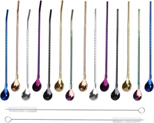 BetterJonny 14 Piece Stainless Steel 2 in 1 Drinking Straws and Spoons - Reusable, Ideal for Latte Macchiato and Cocktails (7 Colours, Long)