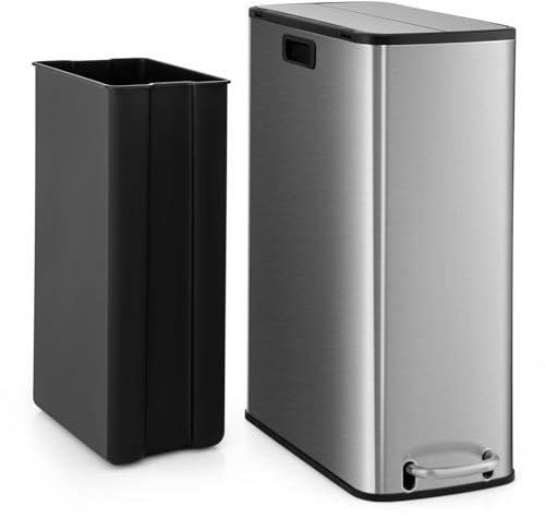 LIFEZEAL Poubelle Cuisine 45 L, Poubelle à Déchets avec Double Ouverture, Bac à Ordures de Cuisine avec Couvercle à Pédale, en Acier Inoxydable, pour Cuisine, Salon, Argenté