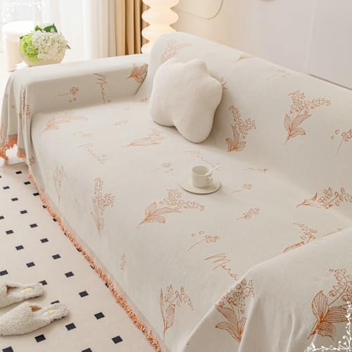 Epinki Überwurfdecke, 180x150CM Sofa Überzug Zweisitzer mit Quaste Blumen Muster, rutschfeste Sofaschoner aus Chenille für Wohnzimmer Protector & Hunde Haustiere, Orange