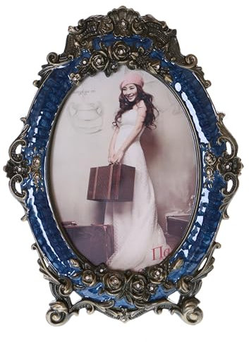 Kawaii-Story BM-xy0075 Cadre photo en métal bleu antique, design baroque de luxe, rose, décoration photo, 13 x 18 cm, 13 x 18 cm