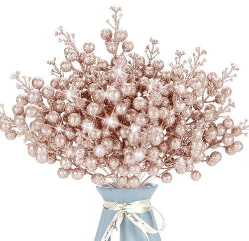 Lot de 12 tiges de baies artificielles à paillettes pour sapin de Noël avec paillettes en poudre - Décoration florale pour loisirs créatifs, couronne, guirlande, décoration d'intérieur (or rose)