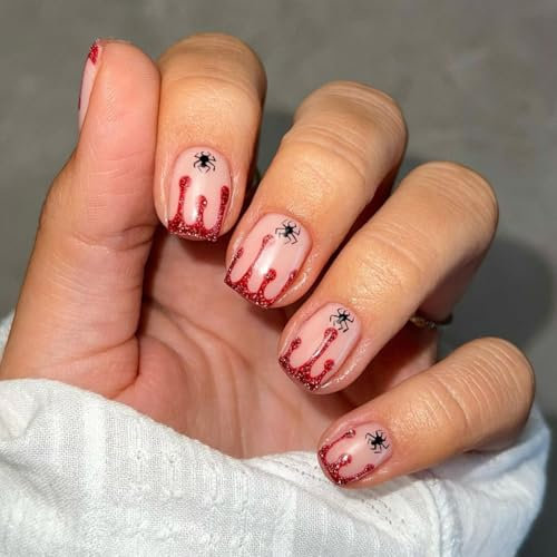 Caiguuer 24pcs carré court Halloween faux ongles rouge sang gouttes faux ongles presse - ongles pour les femmes et les filles