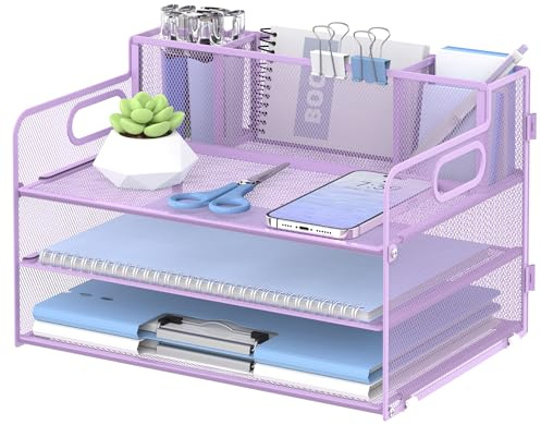SUPEASY Schreibtisch-Organizer mit 3 Ebenen mit Griff und 3 Stifthaltern, Netz-Papier/Datei-Organizer, Schreibtisch-Organizer, Briefablage für Bürobedarf (Hellviolett)